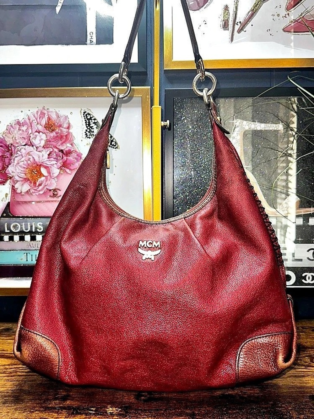 MCM Leather Hobo Bag in Red & Brown